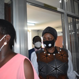 Ms. Wangadya (C), the new UHRC chairperson exiting one of the offices reserved for members of the Commission after inspecting it on Wednesday
